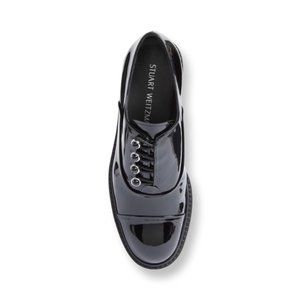 Stuart Weitzman Mrs. Pats Flat Black Button Oxford Shoes Size 8.5 Patent Leather